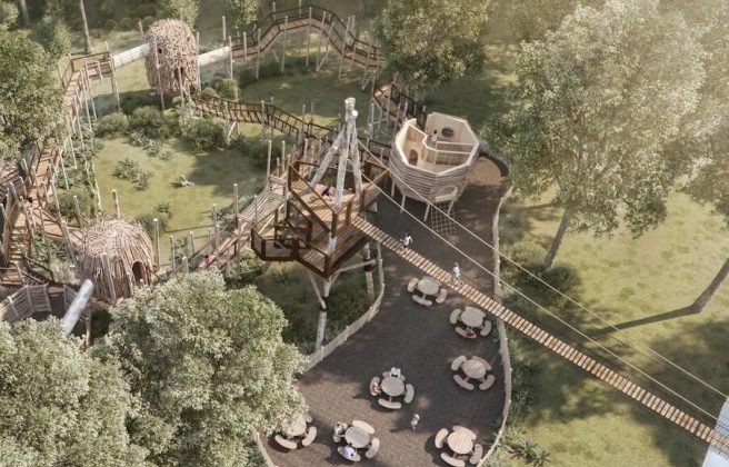 aerial view of skelf island play at castle howard